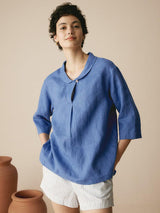 100% Linen Stripe Shawl V-Neck Half Sleeve Top JADE