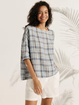 100% Linen Gingham Checked Boatneck 3/4 Length Sleeve Top AURORA