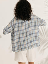 100% Linen Gingham Checked Boatneck 3/4 Length Sleeve Top AURORA