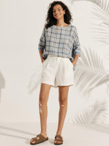 100% Linen Gingham Checked Boatneck 3/4 Length Sleeve Top AURORA