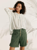 100% Linen Stripe Shawl V-Neck Half Sleeve Top JADE