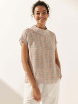 100% Linen Gingham Checked Cutout Turtleneck Top CAROL