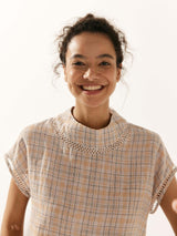 100% Linen Gingham Checked Cutout Turtleneck Top CAROL