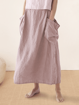 Linen Checked Elastic Waist Skirt MARINA