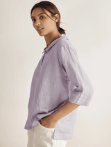 100% Linen Stripe Shawl V-Neck Half Sleeve Top JADE