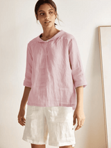 100% Linen Stripe Shawl V-Neck Half Sleeve Top JADE