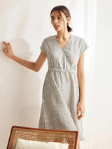 100% Linen Striped Elastic-Waist Midi Dress ARIA