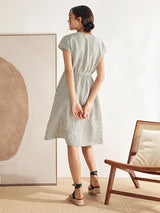 100% Linen Striped Elastic-Waist Midi Dress ARIA