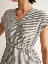 100% Linen Striped Elastic-Waist Midi Dress ARIA