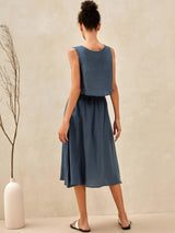 100% Linen Button Decorate Vest Naxi Skirts Set LUCIA