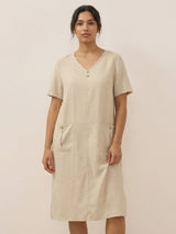 100% Linen Button Front V-Neck Midi Dress NOA