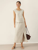 100% Linen Cap Sleeve Beaded Top BIANCA