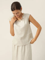 100% Linen Cap Sleeve Beaded Top BIANCA