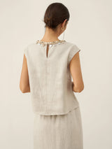 100% Linen Cap Sleeve Beaded Top BIANCA