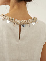100% Linen Cap Sleeve Beaded Top BIANCA