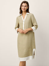 100% Linen Contrast Panel V-neck Layered Lapel Midi Shirt Dress PERSEPHONE