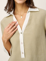 100% Linen Contrast Panel V-neck Layered Lapel Midi Shirt Dress PERSEPHONE