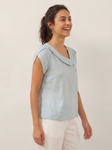 100% Linen Crescent Collar Flutter Sleeve Top FARA