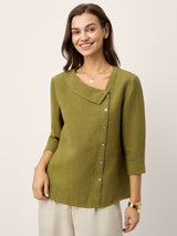 100% Linen Crescent Neck Button Detail 3/4 Sleeve Top ADALYN