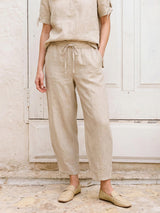 100% Linen Drawstring Waist Tapered Cropped Pants LANEY