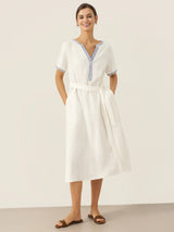 100% Linen Embroidered V-Neck Midi Dress with Belt FELLIS