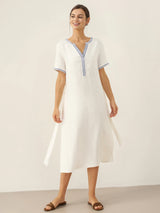 100% Linen Embroidered V-Neck Midi Dress with Belt FELLIS