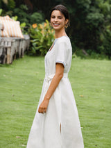 100% Linen Embroidered V-Neck Midi Dress with Belt FELLIS