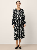 100% Linen Floral Printed Gathered Maxi Dress ELODIE