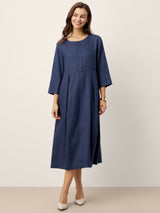 100% Linen Inverted Pleat Waist Button Midi Dress IMARA