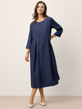 100% Linen Inverted Pleat Waist Button Midi Dress IMARA