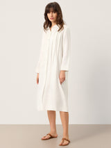 100% Linen Embroidered Pintuck Midi Shirt Dress SYLVIA