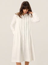 100% Linen Embroidered Pintuck Midi Shirt Dress SYLVIA