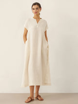 100% Linen Mandarin Collar Maxi Dress with Detachable Belt MARGARET