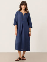 100% Linen Notch Neck Inverted Pleat Maxi Dress MATILDE