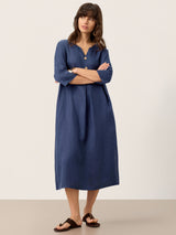 100% Linen Notch Neck Inverted Pleat Maxi Dress MATILDE
