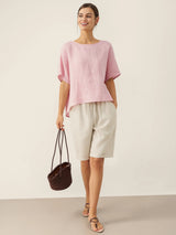 100% Linen Round Neck Back Opening Top URIELLE