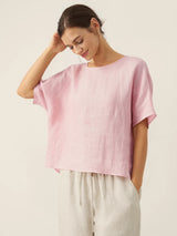 100% Linen Round Neck Back Opening Top URIELLE
