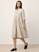 100% Linen Ruffle Trim Inverted Pleat Midi Dress LAVINIA