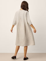 100% Linen Ruffle Trim Inverted Pleat Midi Dress LAVINIA