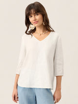 100% Linen Scoop Neck Slit Back Pullover Top FELICIA