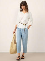 100% Linen Scoop Neck Slit Back Pullover Top FELICIA