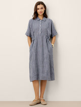100% Linen Striped Buttoned Front Short Sleeve Midi Shirt Dress CASSANDRA