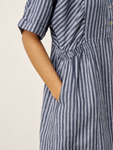 100% Linen Striped Buttoned Front Short Sleeve Midi Shirt Dress CASSANDRA