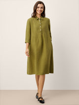 100% Linen Tailored Lapel 3/4 Sleeve Midi Shirt Dress MERCEDES