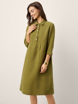 100% Linen Tailored Lapel 3/4 Sleeve Midi Shirt Dress MERCEDES