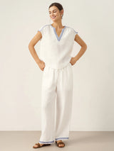 100% Linen V-Neck Embroidered Crop Top FENE