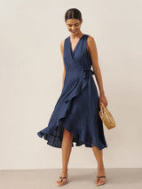 100% Linen V-Neck One-Piece Ruffle Hem Maxi Dress MAYA