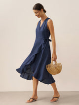 100% Linen V-Neck One-Piece Ruffle Hem Maxi Dress MAYA