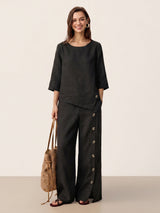 100% Linen Asymmetric-Hem Button-Trim Top NYLA