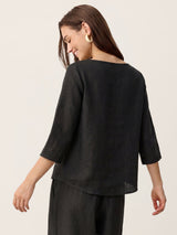 100% Linen Asymmetric-Hem Button-Trim Top NYLA
